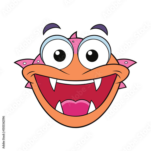 Cartoonish orange creature smiles widely with long fangs visible on its face over white