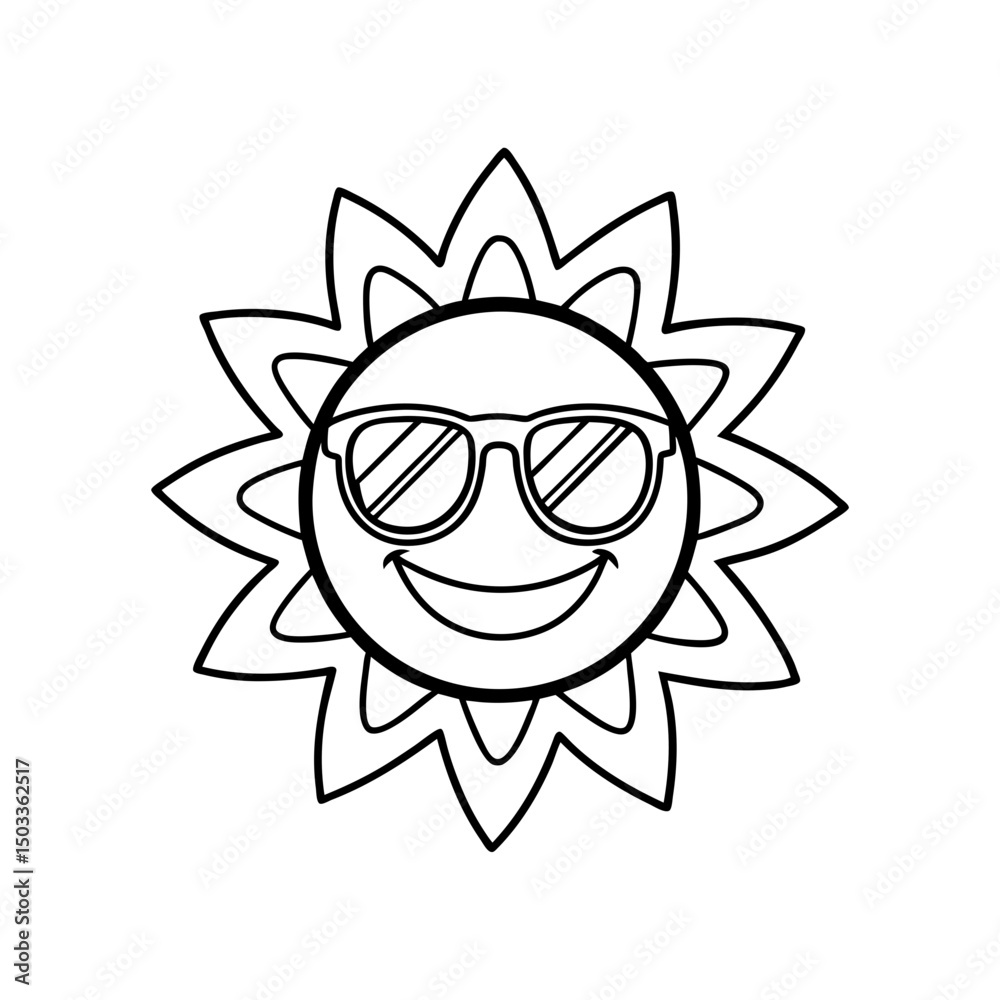 Fototapeta premium Happy Sun with Sunglasses Kids Coloring Page Vector