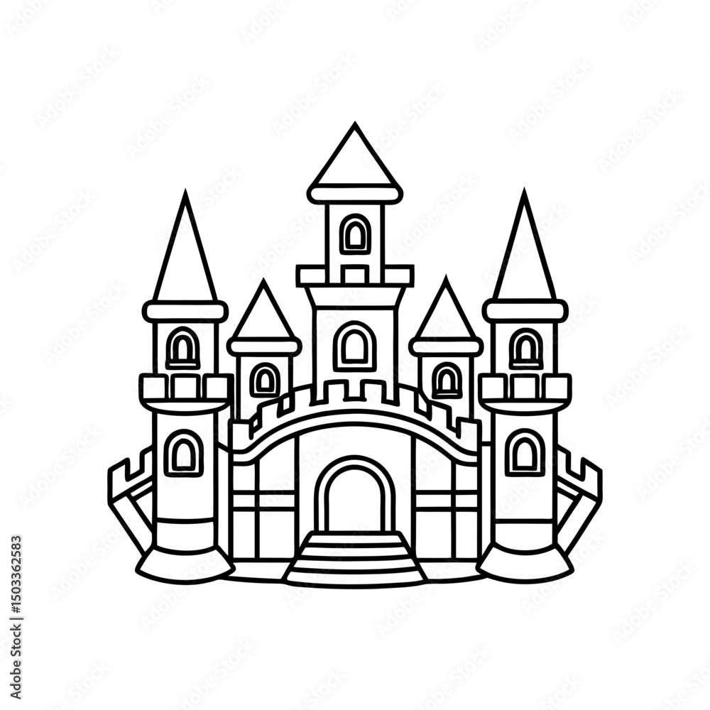 Fototapeta premium Magical Castle with Flags and Stars Kids Coloring Page Vector
