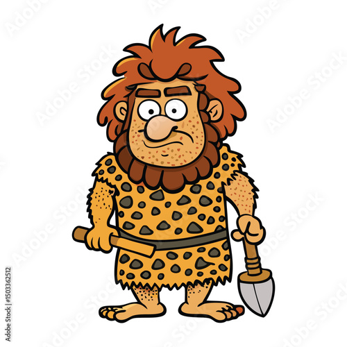 Caveman with red hair in leopard skin dress holding prehistoric tools stands ready