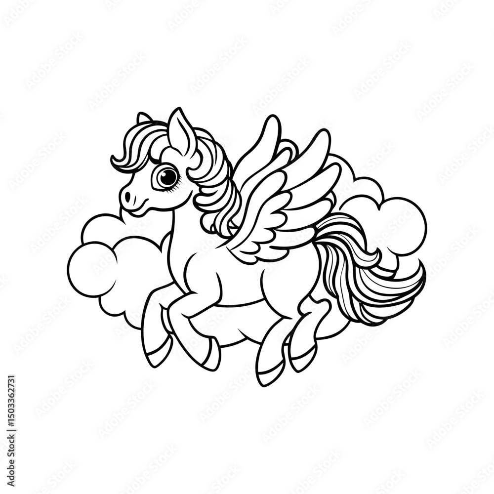 Fototapeta premium Pegasus Flying Over Clouds Kids Coloring Page Vector