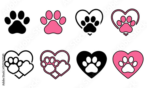 Cat Paw Print Icons with Heart Shapes in Pink and Black, Perfect for Pet Care, Animal Rescue, and Feline-Themed Designs
