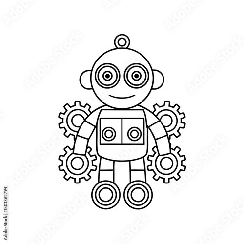 Robot with Gears and Antennae Kids Coloring Page Vector