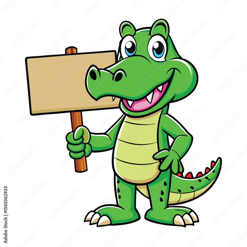 Obraz premium Cheerful cartoon alligator smiles while holding an empty wooden sign with positive message