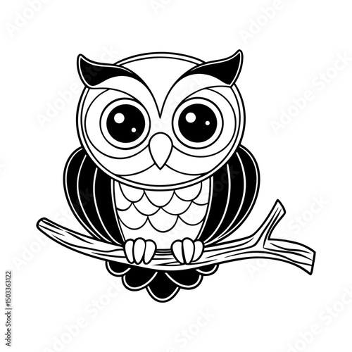 Baby Owl Sitting on a Branch Kids Coloring Page Vector