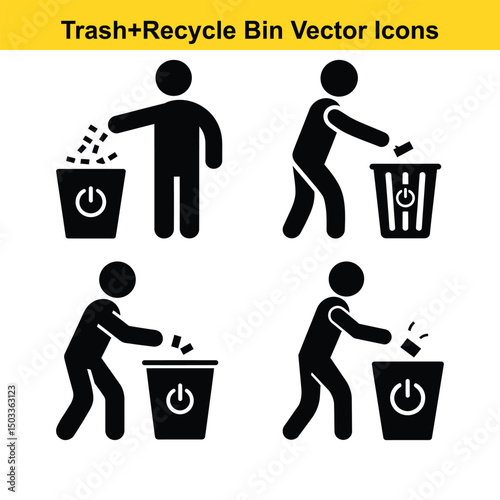 Person throwing data into recycle bin power button icon. recycle, bin, trash, power, button, data, delete, remove, erase, icon, symbol, graphic