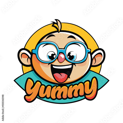 Cheerful cartoon boy character wearing glasses smiles with an open mouth, showing his tongue