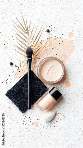 Beige and Black Makeup Kit Flatlay with Glitter on White Background