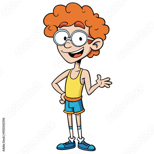 Cheerful cartoon boy with red hair wearing glasses waves with friendly expression