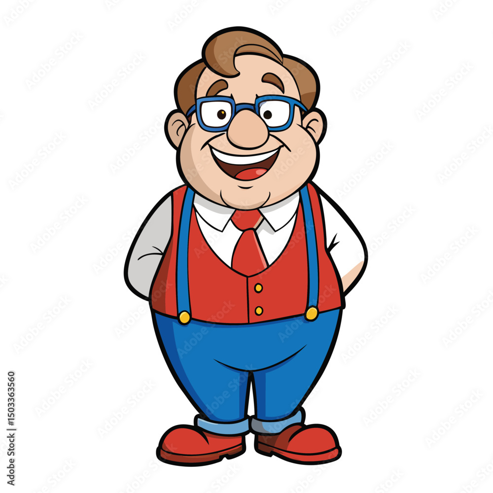 Cheerful cartoon Caucasian man is smiling, wearing a red vest and blue overalls Cheerful cartoon Caucasian man is smiling, wearing a red vest and blue overalls