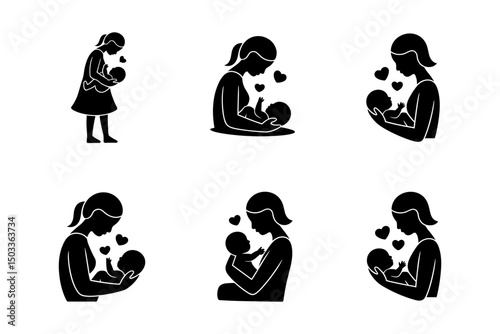 Mother and Baby Silhouettes Vector Icons Set