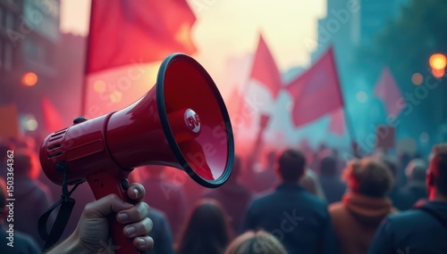 A megaphone amplifies a protest chant against a blurred background , loudspeaker, anger