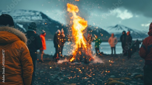 A group of diverse people celebrating Iceland Independence Day around a large bonfire. Snow-capped mountains and a lake are visible in the background. The atmosphere is festive and lively