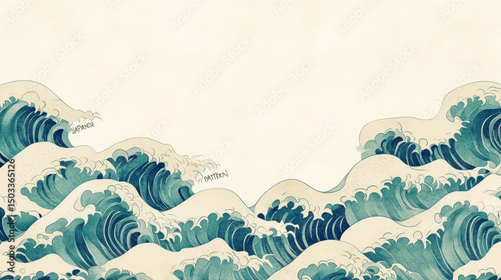Fototapeta premium Ocean waves, muted teal, cream background