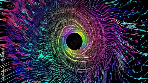 Futuristic Digital Eye Iris Animation with Rainbow Data Streams and Binary Code Technology Concept