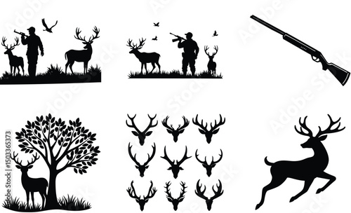 Set of hunting themed vector graphics featuring deer hunters shotguns and wildlife silhouettes