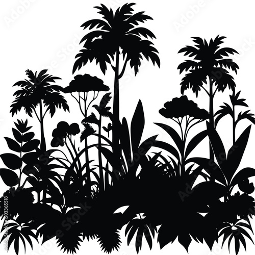 Silhouette illustration of dense jungle foliage trees plants and lush greenery in black and white