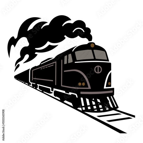 A black steam locomotive speeding along the tracks, emitting dark smoke, illustrated in a classic style.