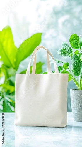 Beige Eco-Friendly Cotton Tote Bag with Bread and Spinach on Marble Surface