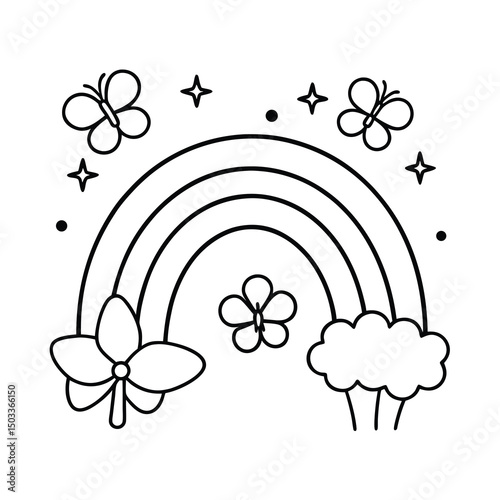 cute rainbow with butterflies and flowers coloring page 