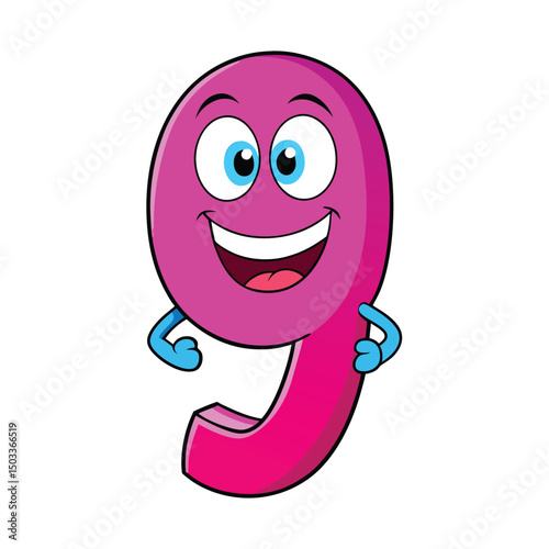 Cheerful pink number nine cartoon character smiles brightly against a clean, white background