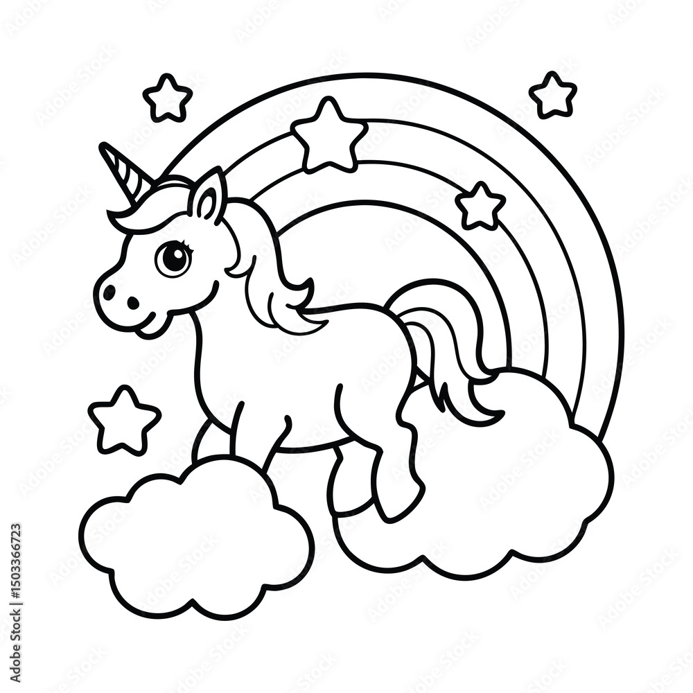 Fototapeta premium cute unicorn on clouds with rainbow and stars coloring page