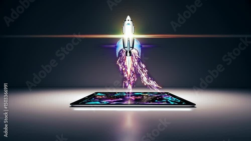 3D Rocket Launch from Tablet Screen - Innovation Startup Technology Business Concept with Glowing Fire Effects