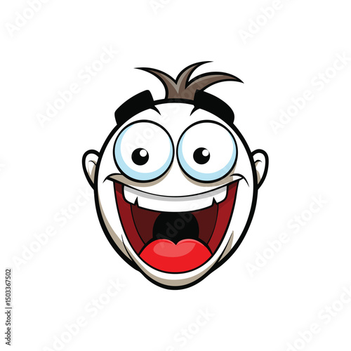 Excited cartoon head with spiky hair and huge open mouth laughing hysterically