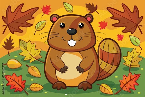 Adorable Cartoon Beaver in Autumn Setting with Falling Leaves