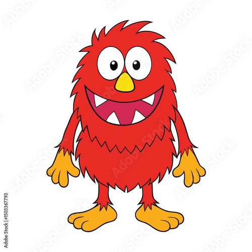Fluffy red monster smiles with wide eyes, showing his teeth and yellow details