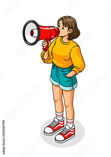 Announcer Girl, Young Woman Using a Megaphone to Announce Important News or Make an Announcement