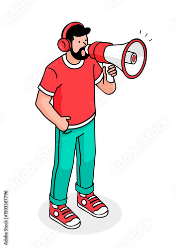 Announcer Guy, Man with Headphones Shouting Announcement Using a Megaphone Loudspeaker