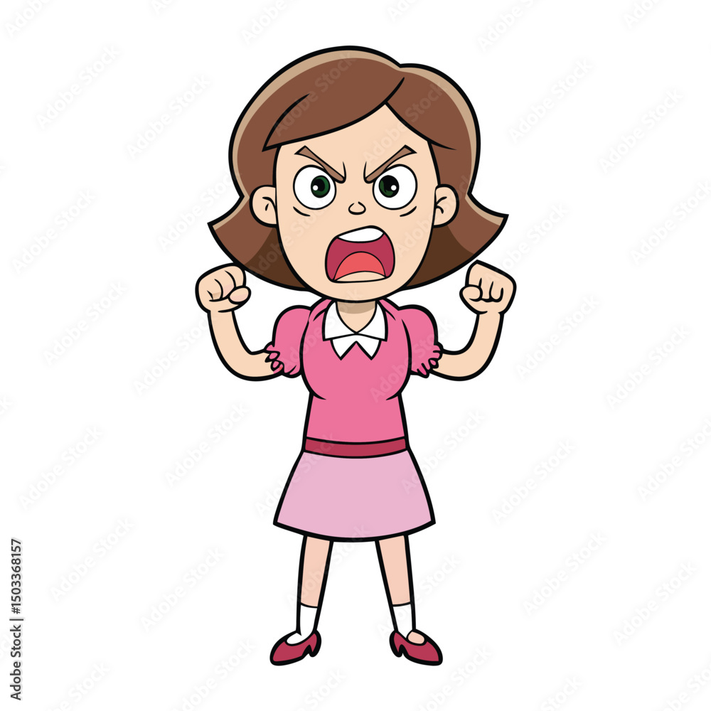 Furious cartoon girl shouts, clenching her fists in a pink dress, looking intensely angry Furious cartoon girl shouts, clenching her fists in a pink dress, looking intensely angry