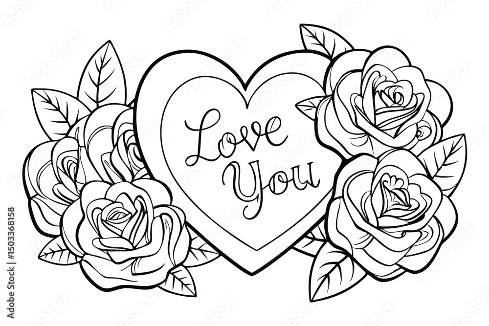 Fototapeta premium Heart Shaped Love You Design with Roses and Leaves