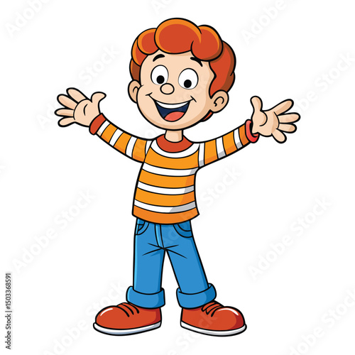 Happy cartoon boy with red hair and striped shirt extends his arms cheerfully