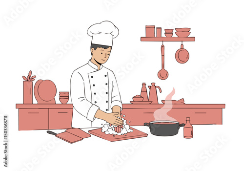 A chef prepares food in a clean kitchen. Focused on hygiene and care, this illustration showcases a professional culinary scene with a modern aesthetic.