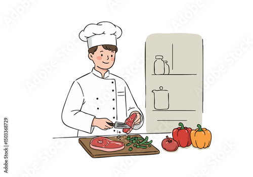 A smiling chef prepares meat, demonstrating cross-contamination guard practices. Clean kitchen setting with fresh produce. Modern illustration style.