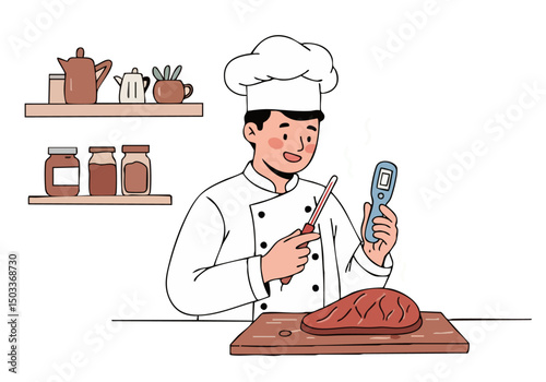 A smiling chef uses a food thermometer to check meat temperature.  Clean kitchen setting, promoting food safety.  Illustrative style, perfect for educational materials.