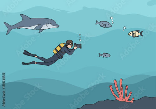 A diver photographs a dolphin and fish underwater. A professional captures ocean life with passion. Vibrant colors and clear composition.