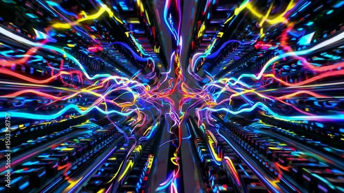 Abstract AI Neural Network Digital Tunnel with Neon Blue Energy Flows - Futuristic Technology Visualization Background