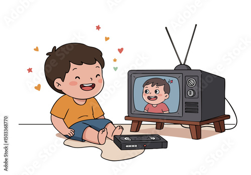 A cute cartoon boy watches himself on an old TV, captivated.  Warm colors, nostalgic feel, playful illustration. Perfect for children's content.