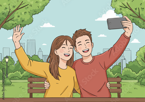 A young couple joyfully takes a selfie outdoors with a smartphone, capturing a vibrant friendship moment. Bright, cheerful, and perfect for social media content.