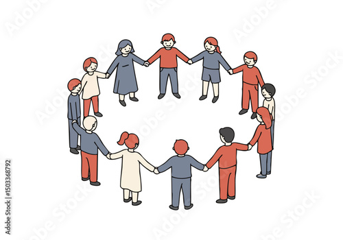 A diverse group of people hold hands in a circle, symbolizing unity and connection. Simple line art illustration with a warm color palette. Ideal for community, support, and togetherness themes.
