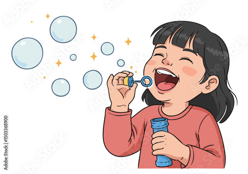A joyful young girl blows bubbles, radiating happiness. Bright colors and a playful scene create a charming illustration. Perfect for children's themes.