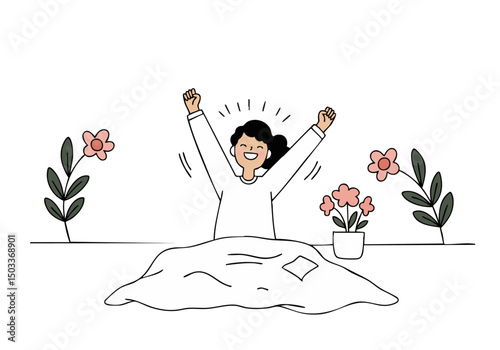 A joyful woman stretches in bed, bathed in sunlight, surrounded by flowers. A bright, optimistic illustration evokes a fresh start. Perfect for wellness and lifestyle themes.