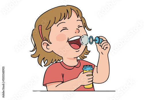 joyful  girl blows bubbles creating a playful scene with shimmering spheres Bright colors and a happy expression evoke childhood fun and innocence 