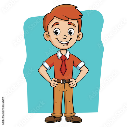 Happy cartoon Caucasian boy with reddish hair stands confidently with hands on his belt