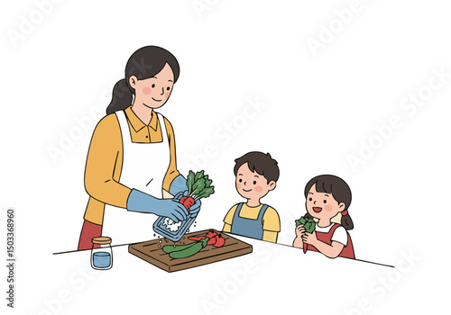 A mother and two children wash vegetables together, promoting healthy eating habits. Bright, cheerful illustration with a focus on family and fresh produce. Clean, modern style.