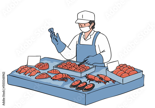 A seafood vendor performs a fresh check on shellfish at a market stall. Clean, modern illustration with a focus on quality and hygiene. Bright colors and a professional setting.