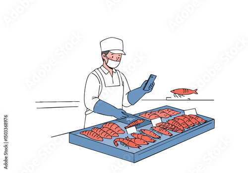 A seafood vendor uses a smartphone for quality control, inspecting fresh fish on display. Clean, modern illustration with a focus on food safety and retail.